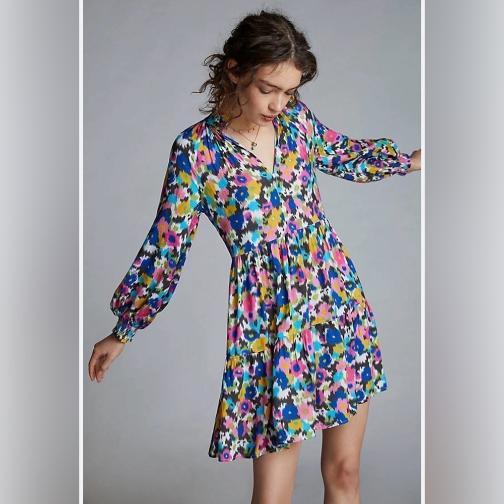 RANNA GILL Katya Ruffled Mini Dress Boho Colorful Size Medium